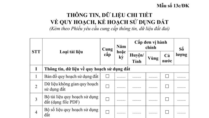 Thông tin, dữ liệu chi tiết về quy hoạch, kế hoạch sử dụng đất (Mẫu số 13c/ĐK)