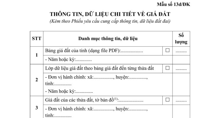 Thông tin, dữ liệu chi tiết về giá đất (Mẫu số 13d/ĐK)