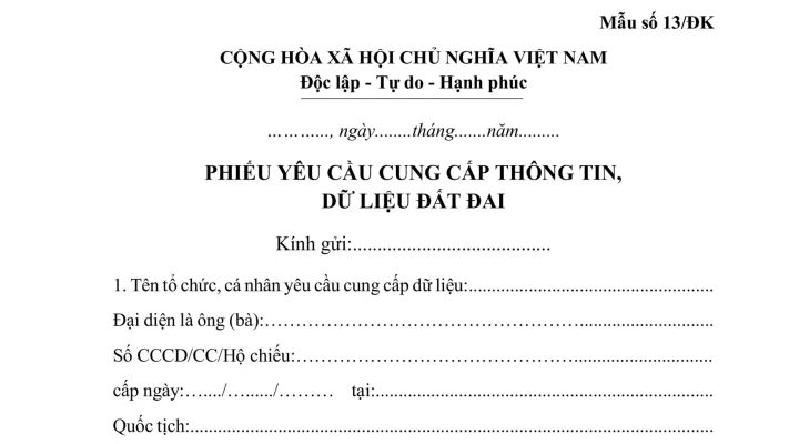 Phiếu yêu cầu cung cấp thông tin, dữ liệu đất đai (Mẫu số 13/ĐK)