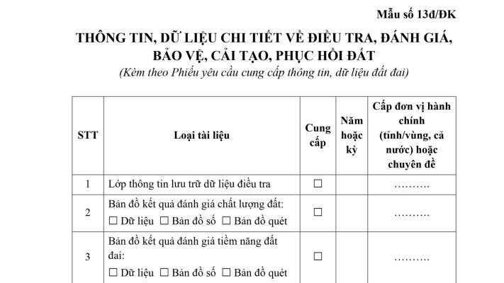 Thông tin, dữ liệu chi tiết về điều tra, đánh giá, bảo vệ, cải tạo, phục hồi đất (Mẫu số 13đ/ĐK)