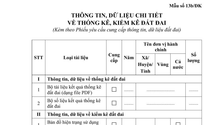 Thông tin, dữ liệu chi tiết về thống kê, kiểm kê đất đai (Mẫu số 13b/ĐK)