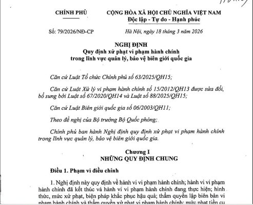 NGHỊ ĐỊNH 79/2026/NĐ-CP VỀ XỬ PHẠT VI PHẠM HÀNH CHÍNH TRONG LĨNH VỰC QUẢN LÝ BẢO VỆ BIÊN GIỚI QUỐC GIA 56 Nghị định số 79/2026/NĐ-CP của Chính phủ: Quy định xử phạt vi phạm hành chính trong lĩnh vực quản lý, bảo vệ biên giới quốc gia
